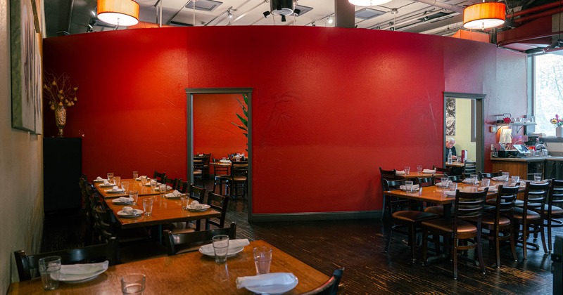 Interior, dining area with large tables