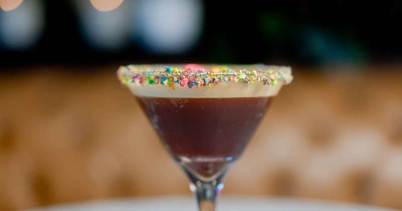 Rainbow Margarita, with colorful rim and fruit loops