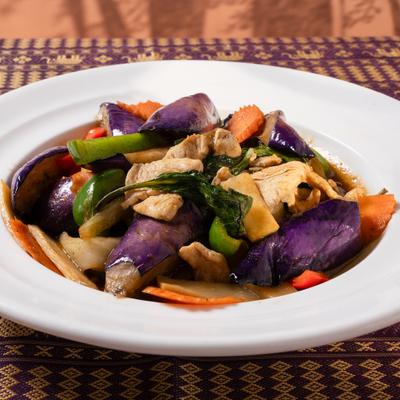 Eggplant and vegetable stir fry with mild red chili paste.