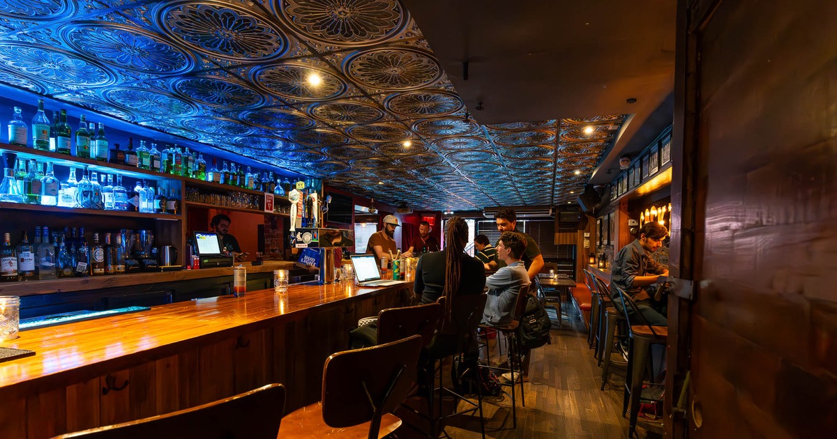 The bar counter and the bar stools