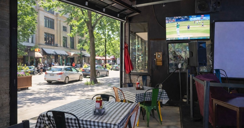 Interior, seating space by the large windows