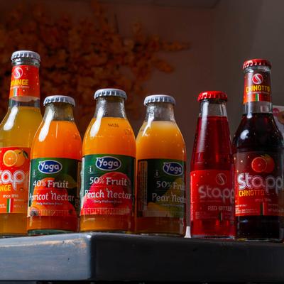 Assorted bottles juices.