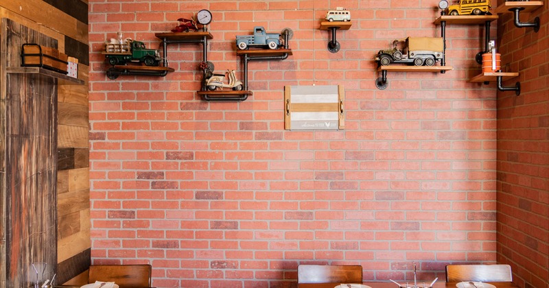 Interior, dining tables, wall decoration in industrial style