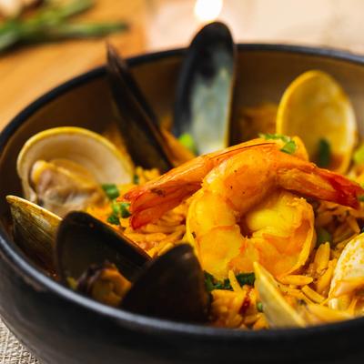 Shrimp orzo pasta, with clams and mussels.