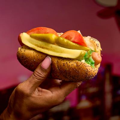 Hand holding Chicago hot dog.