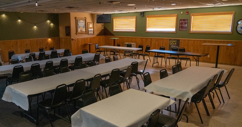 Interior, dining area, tables and chairs lined up