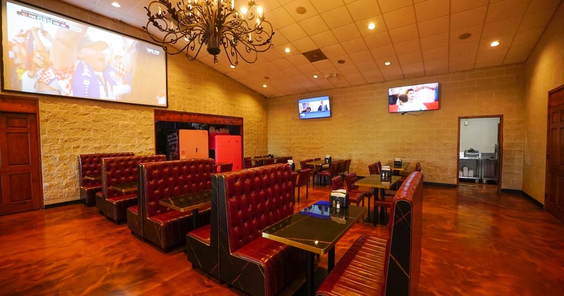 Interior, restaurant booths in dining area