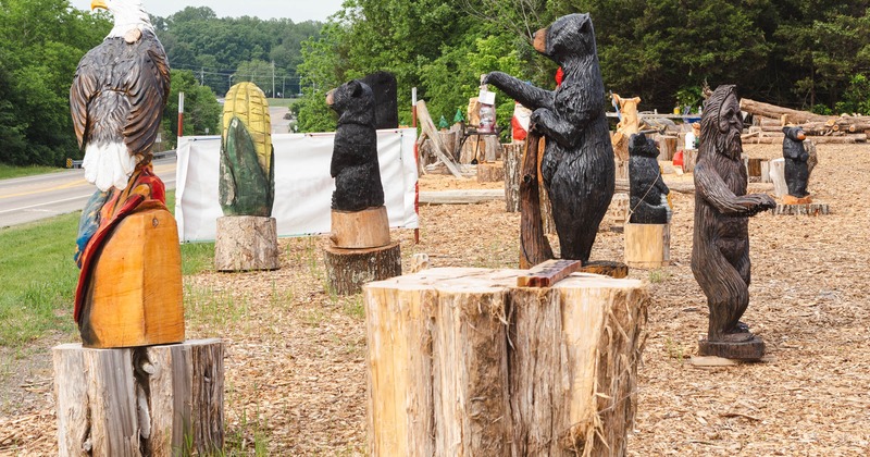 Different figures of animals and gnomes made of wood on stumps in the yard of the shed