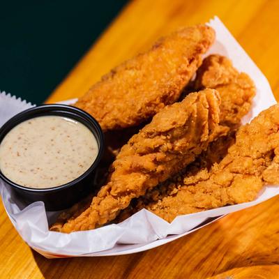 Fried chicken fingers, with honey mustard.