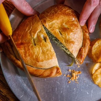 Philosopher pasty, with spinach, mint, dill, sliced almonds, and feta.