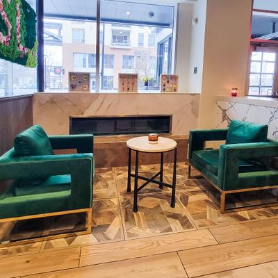 Area with two modern armchairs and coffee table