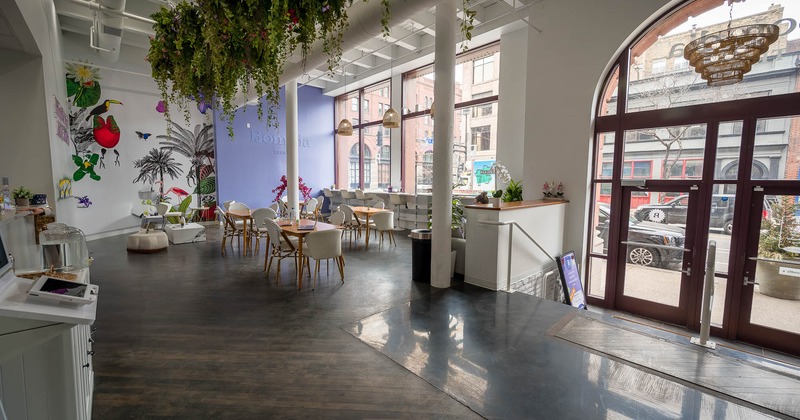 Interior, seating area with tables and chairs
