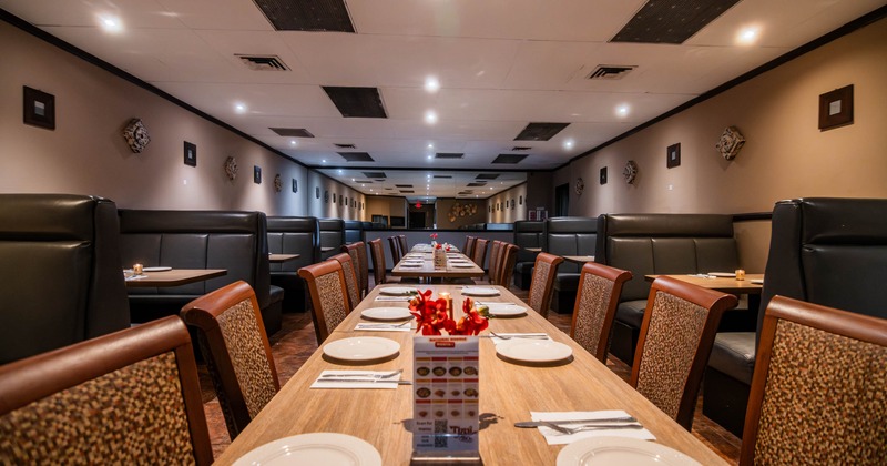Interior, tables and chairs lined up