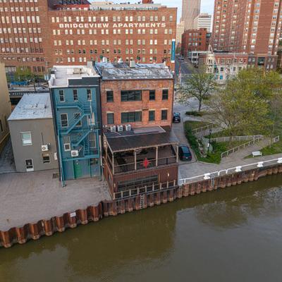 Aerial view of a restaurant building located on the Flats East Bank in Cleveland, Ohio.