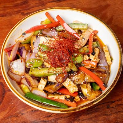 Braised eggplant with tofu and veggies.