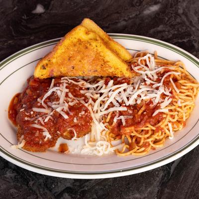 Eggplant Parmesan and pasta served with toast.