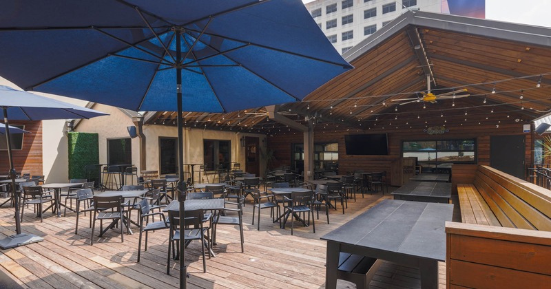 Patio, seating area, parasols