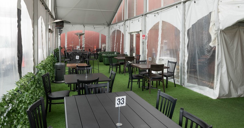 Exterior, covered terrace, seating area, wide look