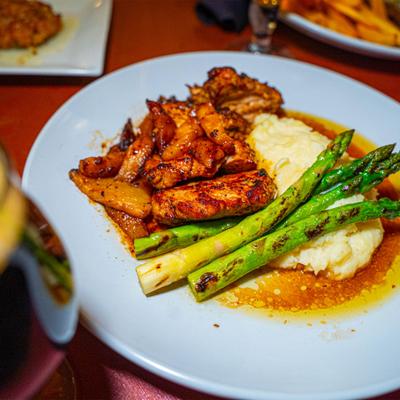 Pork Tenderloin with mashed potatoes and asparagus.