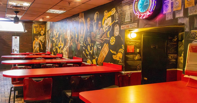 Interior, dining area, mural on the wall