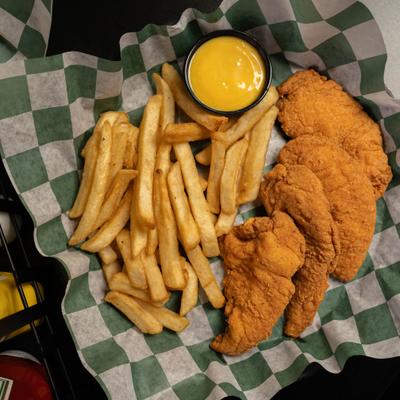 Fried Chicken Strips served with fries and a dip.