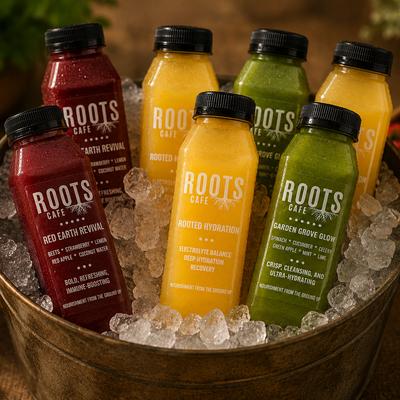 Various juices in an ice bucket.