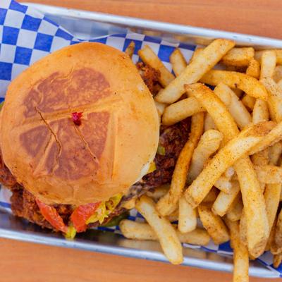 Southern chicken sandwich with fries, top view