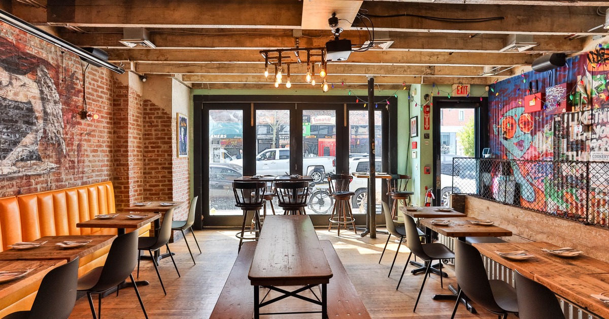 A cozy restaurant with wooden tables