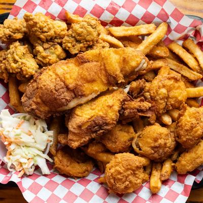 Fried seafood, with fries.