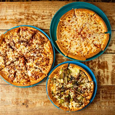 Cheese pizza, meat pizza, and everything pizza.