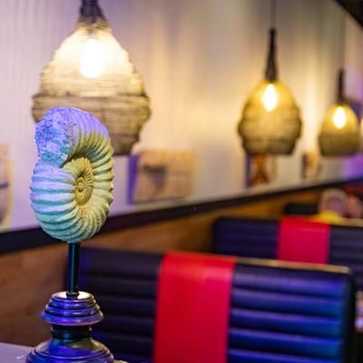 Interior, a decorative sculpture of an ammonite fossil shell on a stand in seating area.