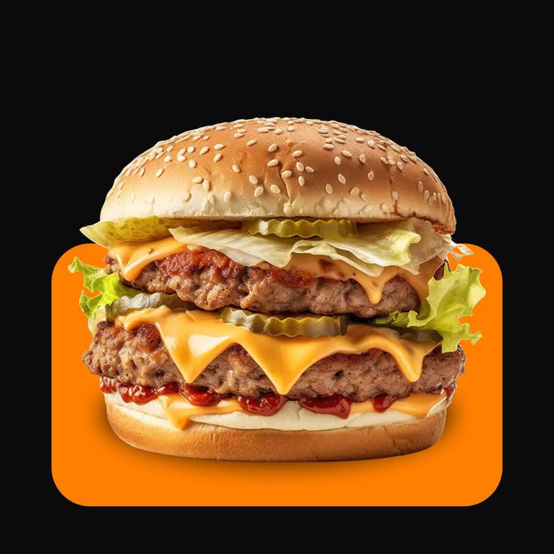 Double cheeseburger with pickles and lettuce on a sesame seed bun.