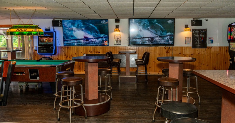 Interior, seating area with bar stools