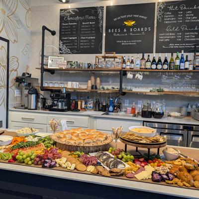 Various foods displayed on a counter.