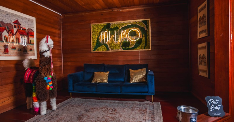 Decorated interior, blue sofa in seating area