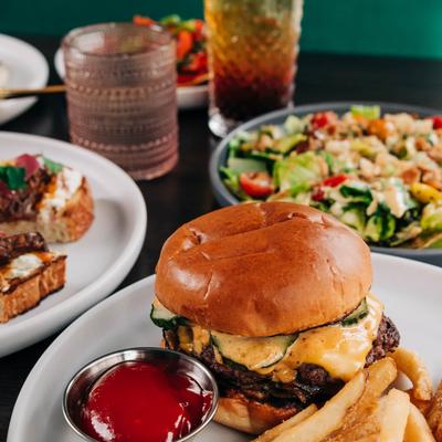 Served food and drinks on the table, angled view.