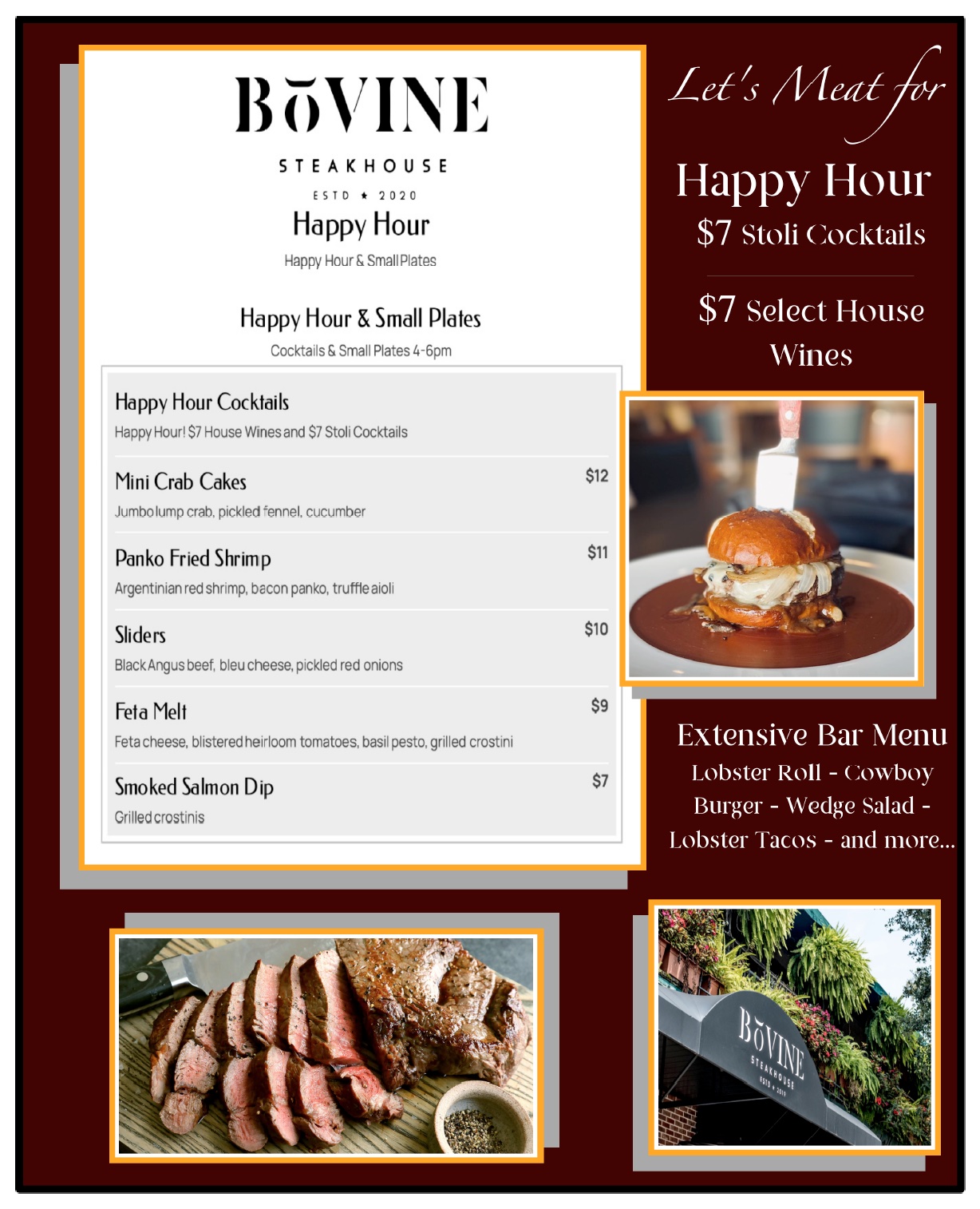 a picture of our happy hour menu asking people to meet at Bovine for happy hour