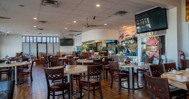 Dining area and order service, TVs on the walls