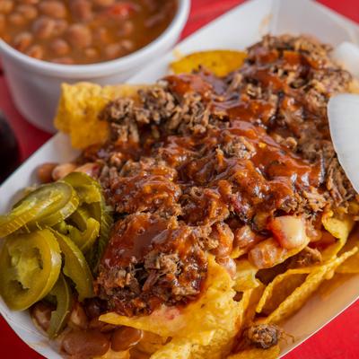 Brisket nachos and BBQ beans.