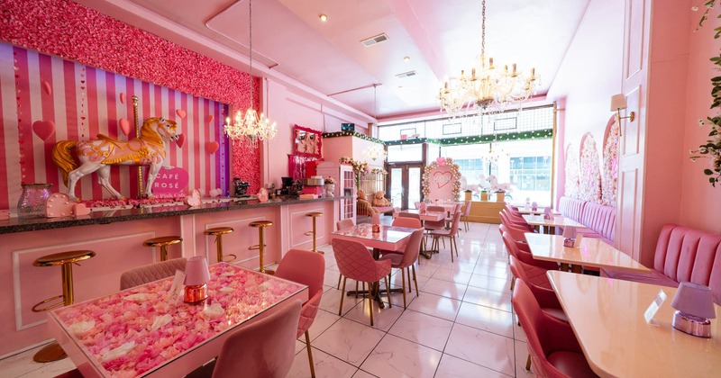 Interior, dining tables and chairs, bar on the left