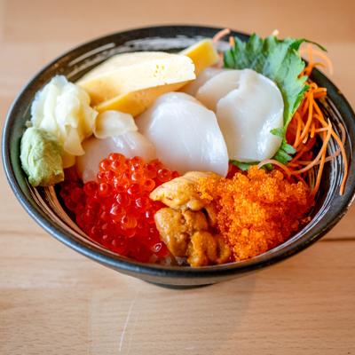 Hokkaido Don with sea urchin, scallops, roe, wasabi and pickled ginger.