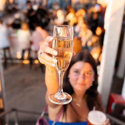 Person holding up a glass of champagne in a toast.