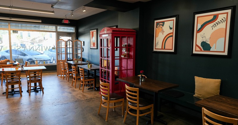 Interior, seating area with telephone box
