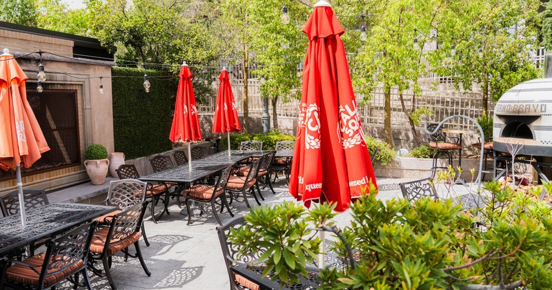 Exterior, chairs, tables and parasols