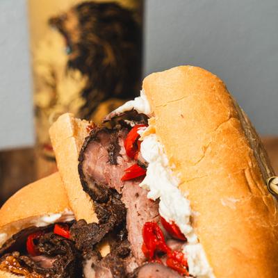 The Lemmy, a slice roast beef sandwich, close up.