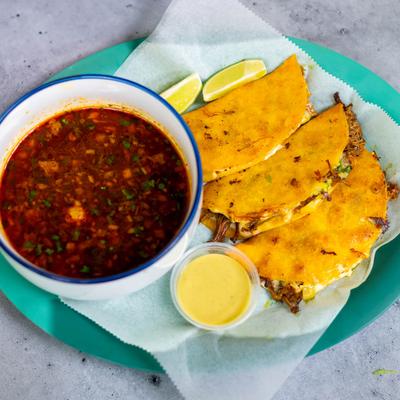 Quesabirrias with dip.