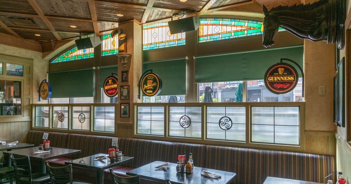 The windows, tables, chairs, decorations