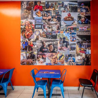 Tables and chairs, wall decorations.