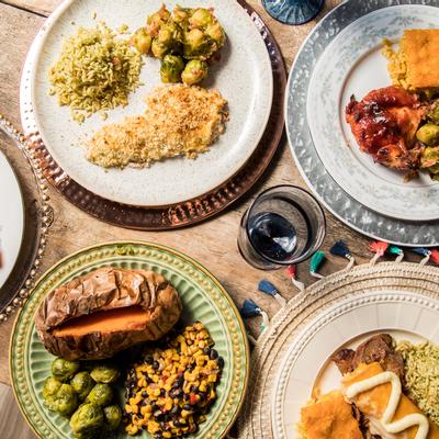 An assortment of dishes, flat lay view