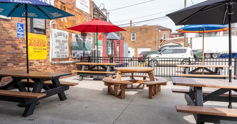 Exterior, patio, table, picnic tables, parasols